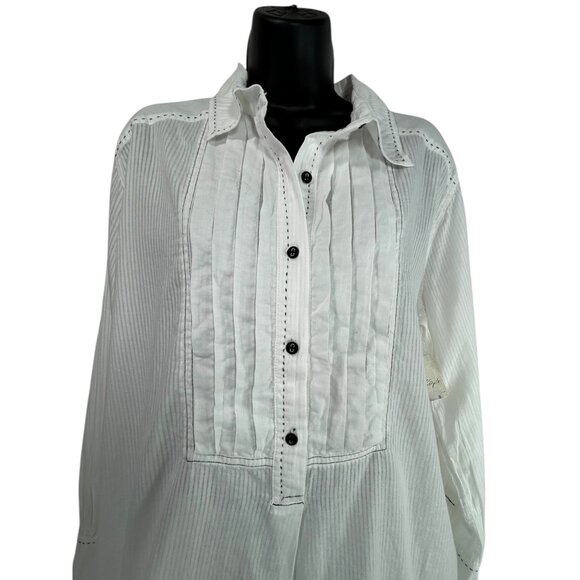 WE THE FREE Black Tie Tux Shirt Sz L White Pintuck Button Up Tunic 100% Cotton - Picture 7 of 12